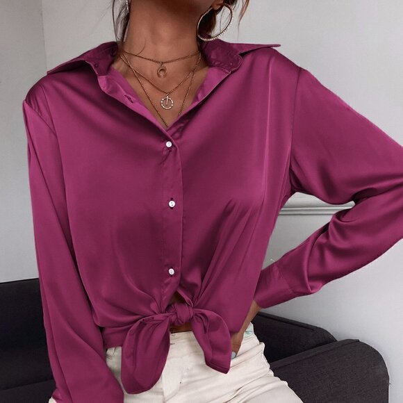 Red Violet Preppy Womens Button Up Solid Shirt - Picture 1 of 5